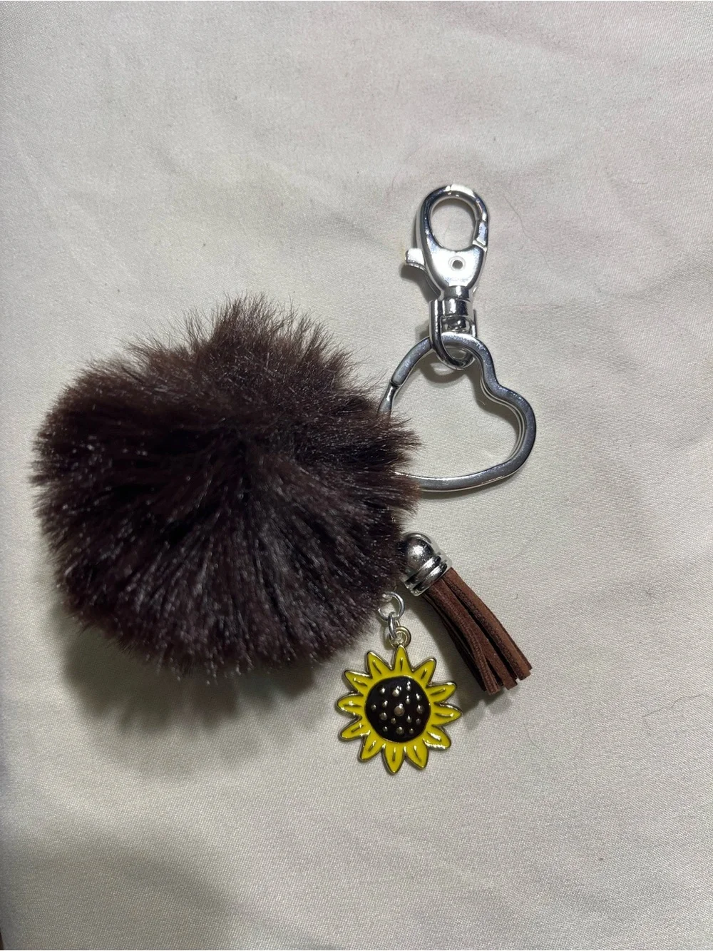 Faux Fur Pom Pom Keychain with Sunflower Charm - Brown